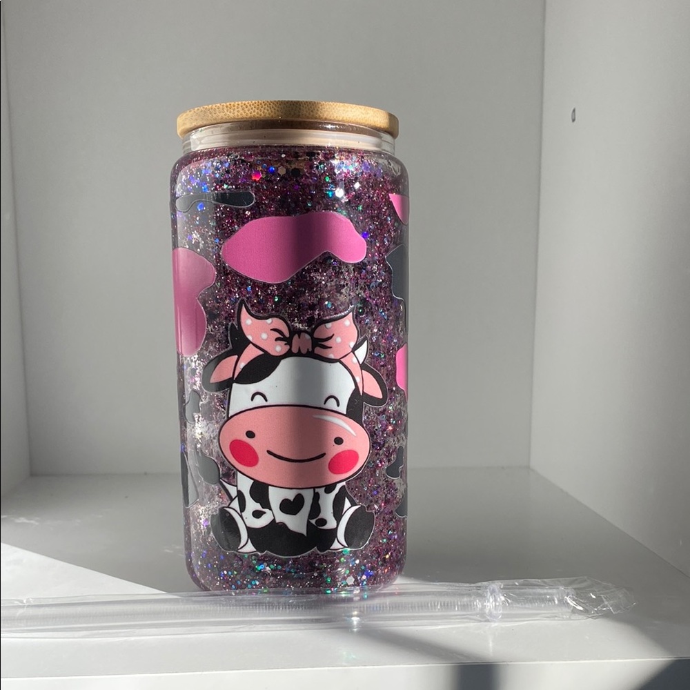 Snow globe Cute Cow Glitter Tumbler with Pink Accents with straw
